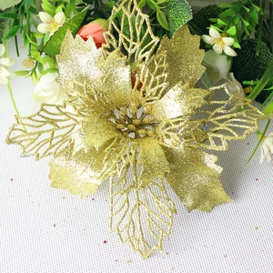 16cm gold glitter hollow artificial Christmas flower for tree and wreath decoration