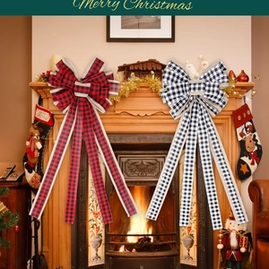 Large Christmas Buffalo Plaid Bow Tree Topper Red Black White Plaid Decorative Hanging Ornament For Holiday Party Home Decor