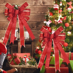 Large double-layer red Christmas bows with gold trim and glitter for tree decoration