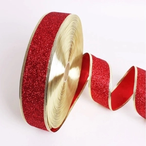 10-meter red glitter Christmas tree ribbon with gold metallic wired edges for gift wrapping