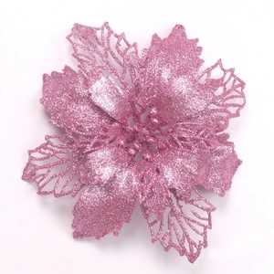 Pink glitter hollow Christmas flower ornament for tree and wreath decoration