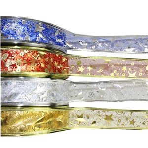 Christmas Ribbon 100 Yards Gold Stamping Music Notes Stars Sheer Organza For Tree Decoration Gift Wrapping Party Decor