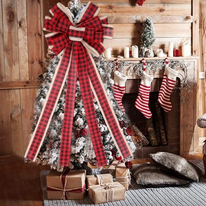 Red and black buffalo plaid Christmas bow ornament with long tassels for tree decoration