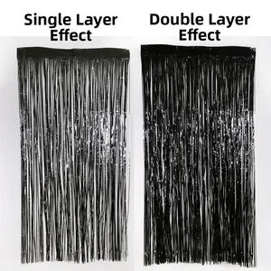Comparison between single and double layer black foil fringe curtain party backdrop texture