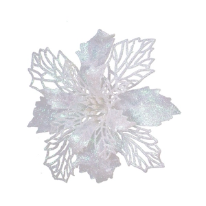 Close-up of white glittery artificial poinsettia flower with hollow petals for Christmas