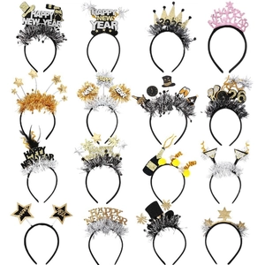 Set de 16 serre-têtes du Nouvel An avec paillettes or argent étoiles et motifs fête 2026
