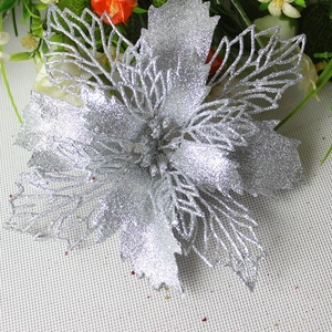 Close-up of 16cm silver hollow glitter flower for Christmas tree and wreath decoration