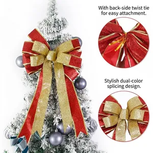 Dual-tone red and gold Christmas tree topper bow with glitter finish and twist ties