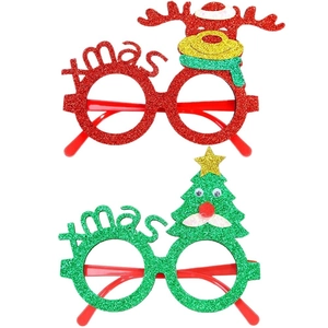 Glitter Christmas party glasses with reindeer and Santa tree designs for festive costumes