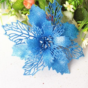 Detail of 16cm blue glitter hollow Christmas flower ornament for tree and wreath decor