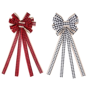 Buffalo plaid Christmas tree topper bows in red, black, and white faux burlap material