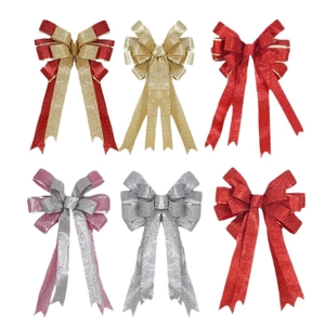 Set of six glittery dual-layer Christmas bows for tree toppers and gift decoration