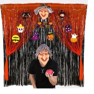 Halloween party fringe curtain set with witch mask and spooky themed paper cutouts