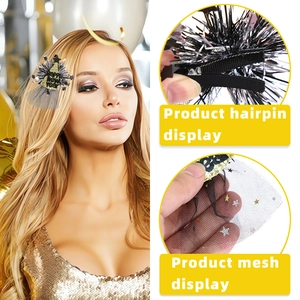 New Year party hair clip with black glitter hat, mesh veil, and Happy New Year text