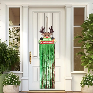 Décoration de Porte Suspendue de Noël Plaque Merry Christmas Welcome en Bois Avec Franges en PET Renne Père Noël Bonhomme de Neige