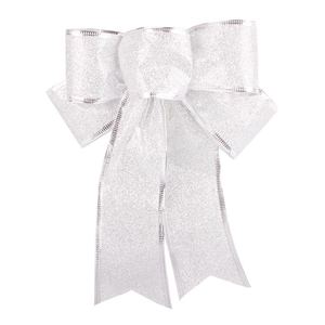 Macro view of a 25cm silver glitter Christmas bow with fishtail cut ribbons for decor