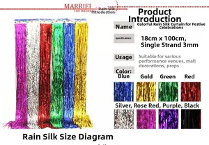 Detailed size chart for 1m colorful tinsel curtains showing 3mm strand width and PET material