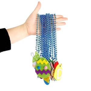 Easter bead necklace set with metallic blue beads and colorful felt bunny carrot pendants