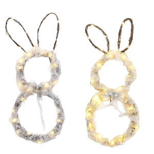 Easter rabbit vine wreaths with LED lights in warm yellow and cool white glows