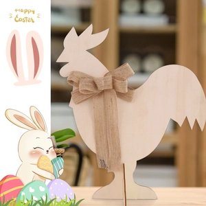 Statuetta in legno di gallo pasquale con fiocco di iuta rustico e scritta Happy Easter