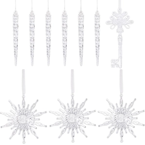 10pcs Christmas clear snowflake and icicle hanging ornaments set for tree decor
