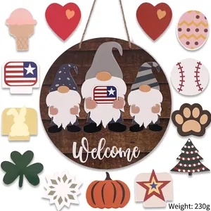 Wood Interchangeable Welcome Sign Gnome Door Hanging For Home Wall Seasonal Festival Decoration Nordic Style Hanging Ornament