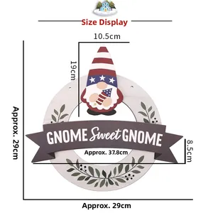 Detailed size measurement of patriotic gnome wooden sign with Gnome Sweet Gnome text