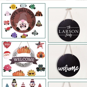 Detail of wooden welcome sign with seasonal interchangeable magnetic gnome decorations