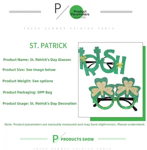 Detail of St. Patrick's Day green clover glasses with Irish letters and glitter finish