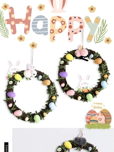 Detail of Easter egg wreath with rattan base, pastel eggs and plush bunny decoration