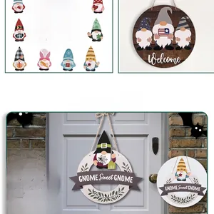 Detail of DIY wooden gnome hanging door signs with welcome slogans and holiday themes