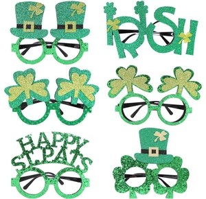 Set of six St. Patrick's Day party glasses with green clover and leprechaun hat designs