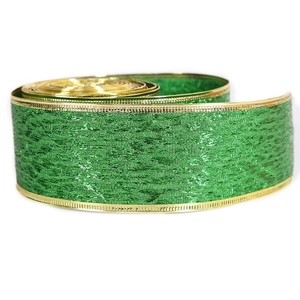 Green St. Patrick's Day ribbon with gold wire edges and sparkling glitter texture for DIY bows
