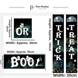Detail view of 4-piece Halloween banners set with size specs for Trick or Treat and Boo signs