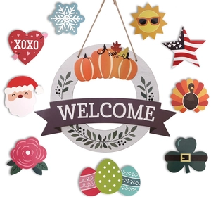Interchangeable wooden welcome sign with 9 seasonal icons for home door decoration