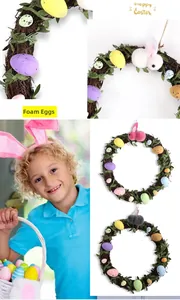 Detail of Easter wreath with vine base, colorful foam eggs and a cute plush bunny decor