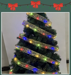 Détail des lumières LED multicolores dans un ruban doré enroulé sur un sapin de Noël