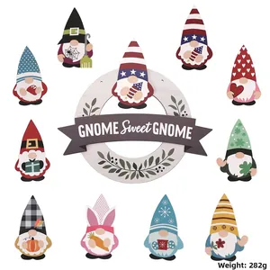 Wooden gnome door sign with 10 interchangeable seasonal holiday icons and hanging loop