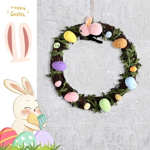 Detailed Easter wreath with rattan base, pastel eggs, green foliage and a pink plush bunny