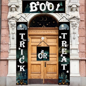 Halloween door banners with Trick or Treat text and flying witch illustrations
