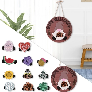 Interchangeable wooden gnome door sign with 12 seasonal hanging decoration icons