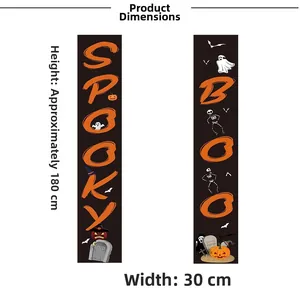 Size guide for 180cm Halloween door banners featuring Spooky and Booo designs with pumpkins