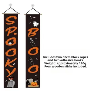 Detail of Halloween banners with SPOOKY and BOO text, hanging ropes and hooks