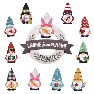 Gnome Sweet Gnome interchangeable wooden door sign with 10 seasonal holiday gnome icons