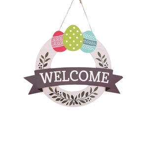 Easter Welcome Sign with colorful eggs and green leaves on white wooden ring hanger