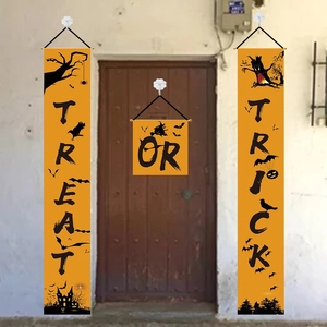Three-piece Halloween door banner set with Trick or Treat orange and black silhouette design