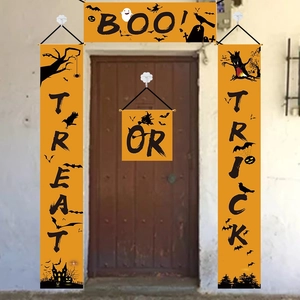 Detailed porch view of four-piece Halloween banner set with pumpkin and bat patterns