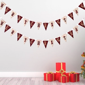 Plaid and burlap Merry Christmas bunting flags with wooden clips for festive wall decor