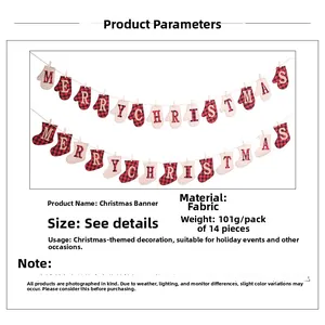 Detail of fabric Christmas banner with red plaid stockings and Merry Christmas letters