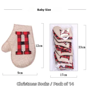 Size chart for 14-piece burlap Christmas banner with red and black plaid letters